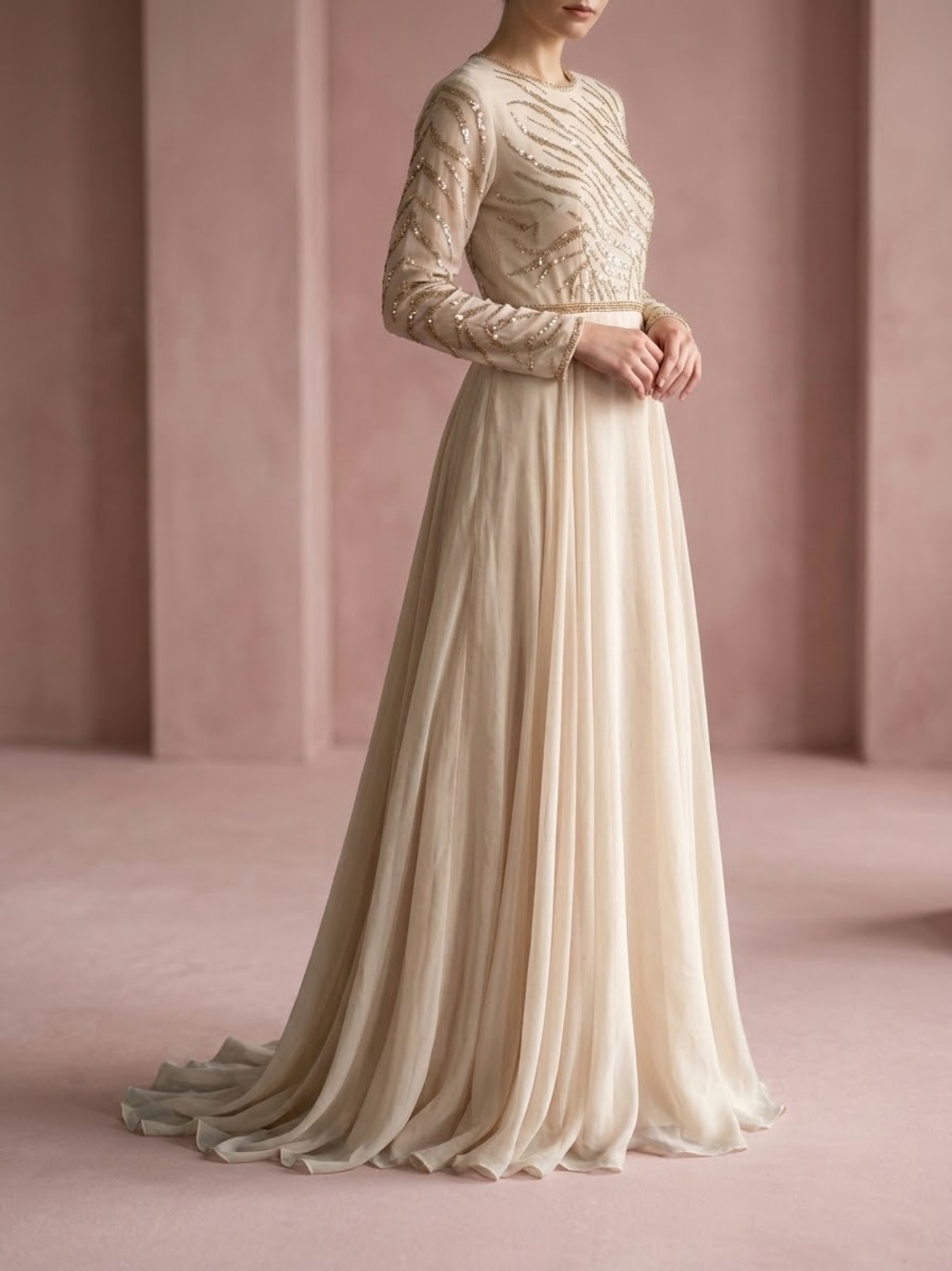 Beaded Long-Sleeve Maxi Dress in Cream